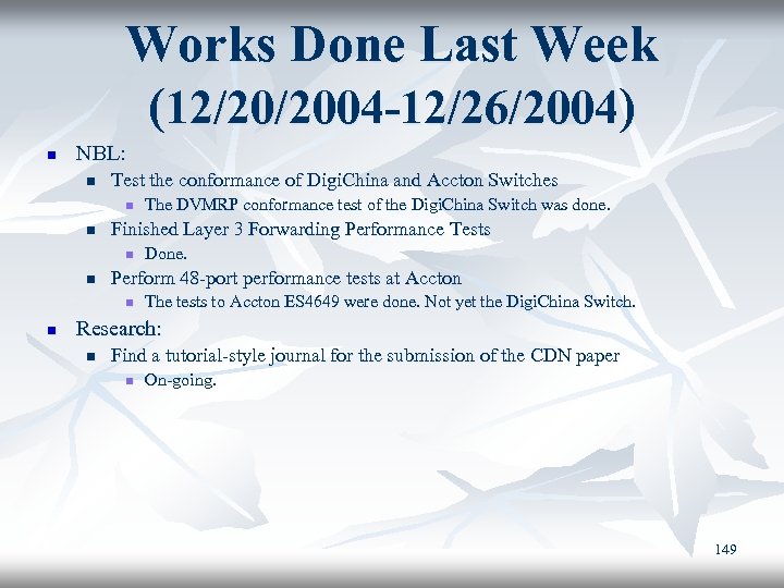 Works Done Last Week (12/20/2004 -12/26/2004) n NBL: n Test the conformance of Digi.