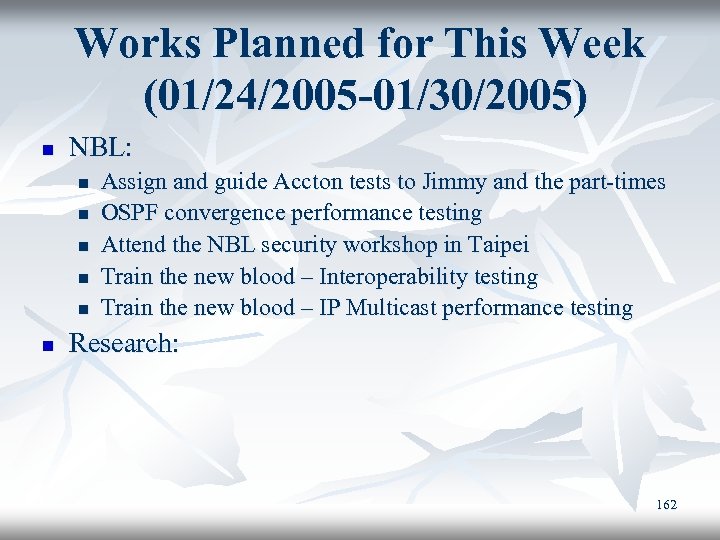 Works Planned for This Week (01/24/2005 -01/30/2005) n NBL: n n n Assign and