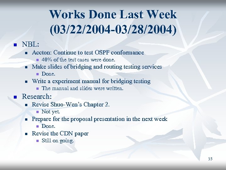 Works Done Last Week (03/22/2004 -03/28/2004) n NBL: n Accton: Continue to test OSPF