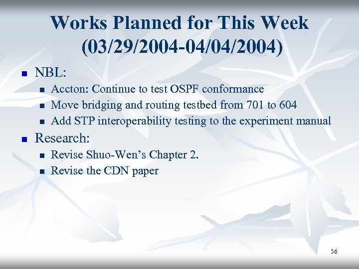 Works Planned for This Week (03/29/2004 -04/04/2004) n NBL: n n Accton: Continue to