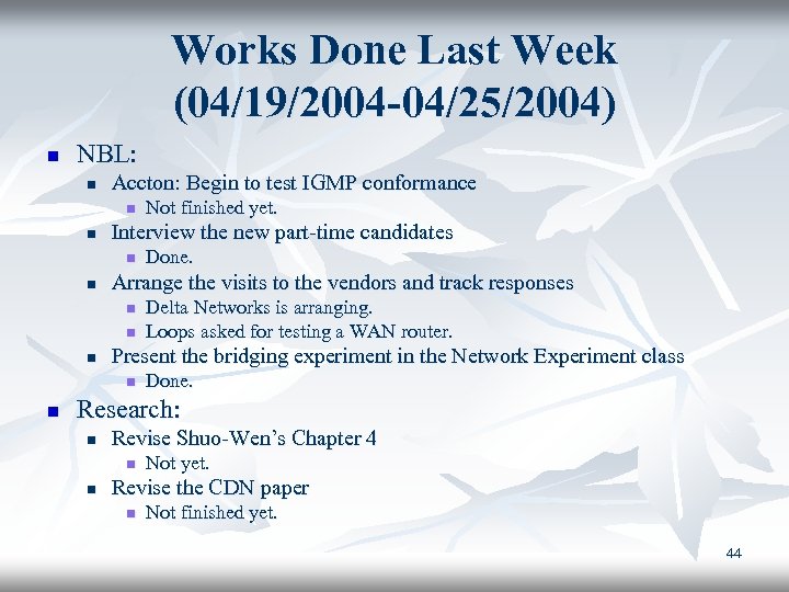 Works Done Last Week (04/19/2004 -04/25/2004) n NBL: n Accton: Begin to test IGMP