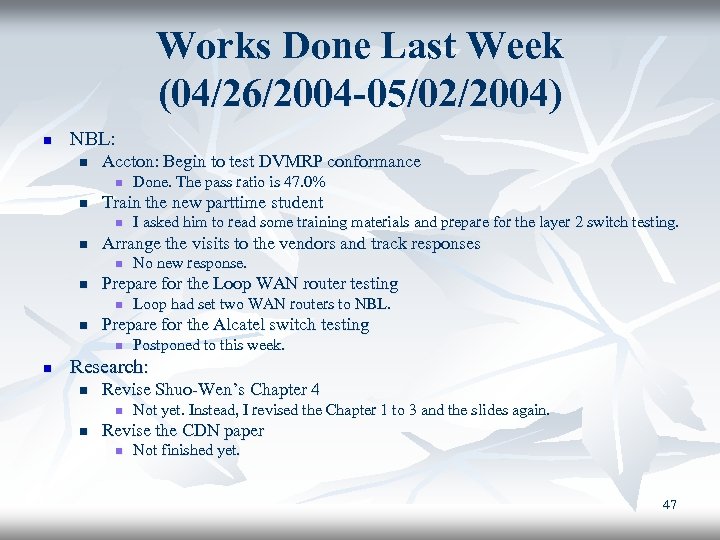 Works Done Last Week (04/26/2004 -05/02/2004) n NBL: n Accton: Begin to test DVMRP