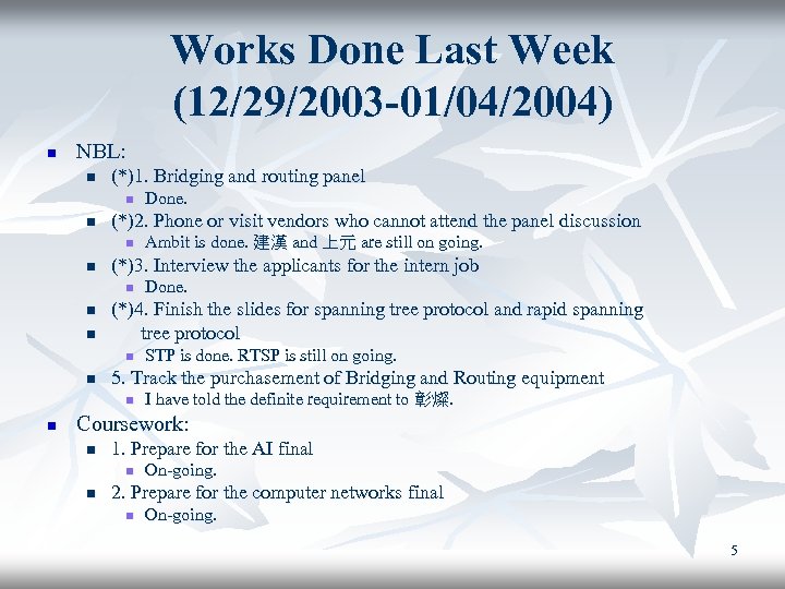 Works Done Last Week (12/29/2003 -01/04/2004) n NBL: n (*)1. Bridging and routing panel