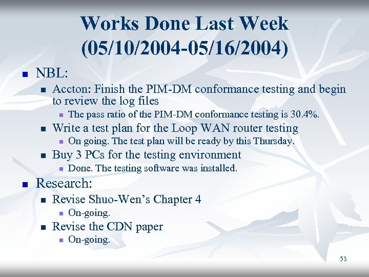 Works Done Last Week (05/10/2004 -05/16/2004) n NBL: n Accton: Finish the PIM-DM conformance
