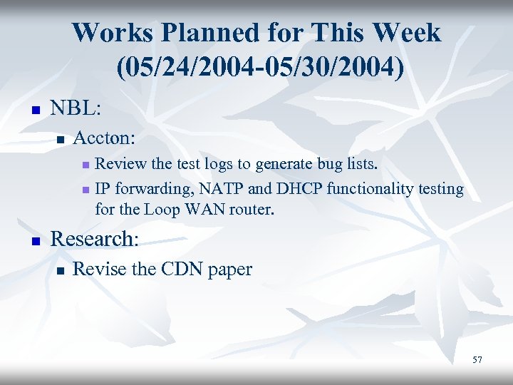 Works Planned for This Week (05/24/2004 -05/30/2004) n NBL: n Accton: Review the test
