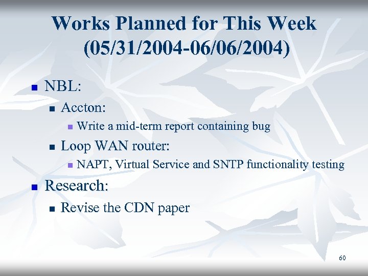 Works Planned for This Week (05/31/2004 -06/06/2004) n NBL: n Accton: n n Loop