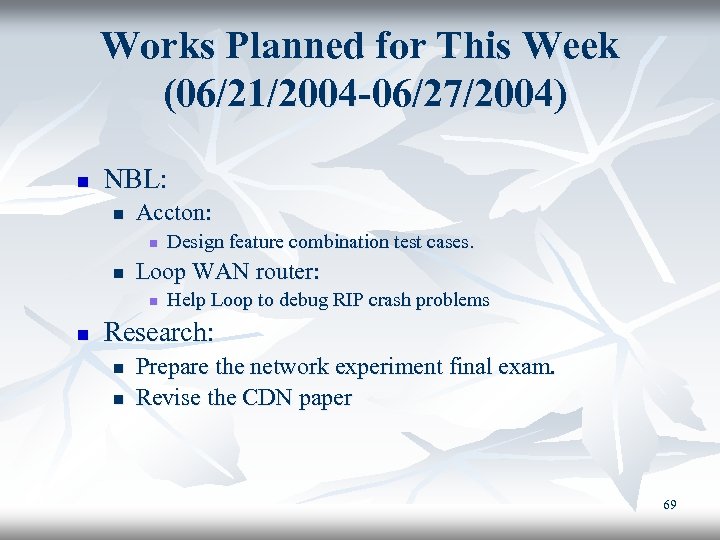 Works Planned for This Week (06/21/2004 -06/27/2004) n NBL: n Accton: n n Loop