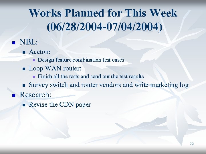 Works Planned for This Week (06/28/2004 -07/04/2004) n NBL: n Accton: n n Loop