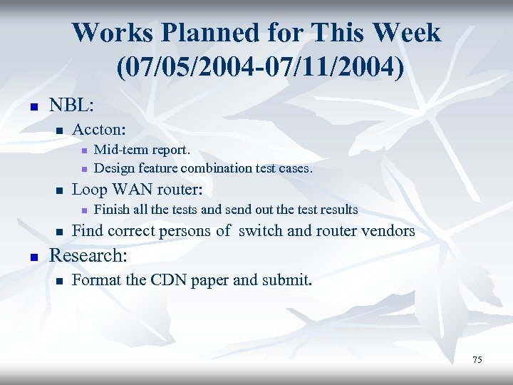 Works Planned for This Week (07/05/2004 -07/11/2004) n NBL: n Accton: n n n