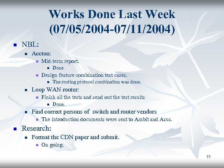 Works Done Last Week (07/05/2004 -07/11/2004) n NBL: n Accton: n Mid-term report. n