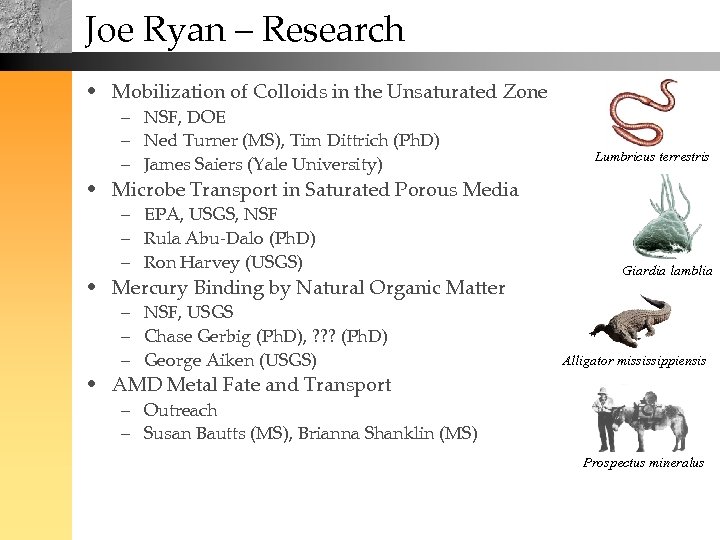 Joe Ryan – Research • Mobilization of Colloids in the Unsaturated Zone – NSF,