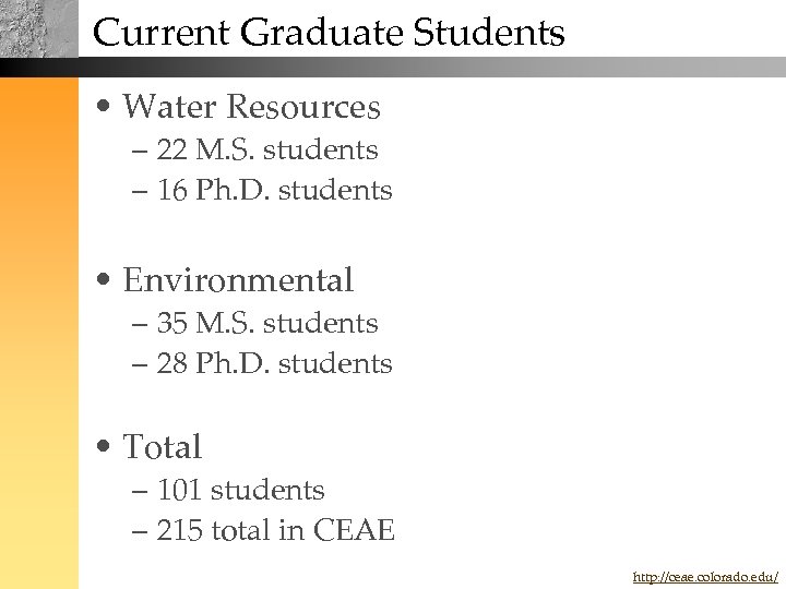 Current Graduate Students • Water Resources – 22 M. S. students – 16 Ph.