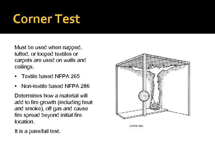 Corner Test Must be used when napped, tufted, or looped textiles or carpets are