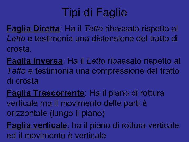 Tipi di Faglie Faglia Diretta: Ha il Tetto ribassato rispetto al Letto e testimonia
