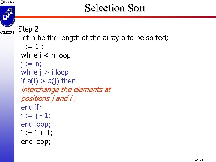 CSE 230 Selection Sort Step 2 let n be the length of the array