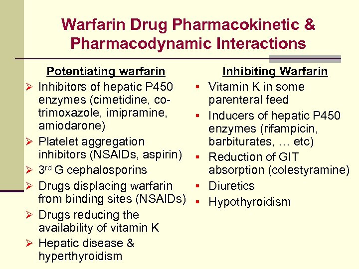 Warfarin Drug Pharmacokinetic & Pharmacodynamic Interactions Ø Ø Ø Potentiating warfarin Inhibitors of hepatic