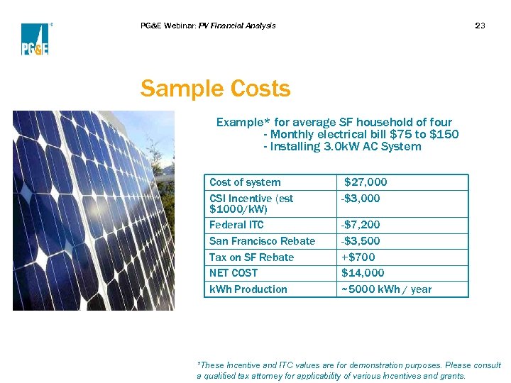 PG&E Webinar: PV Financial Analysis 23 Sample Costs Example* for average SF household of