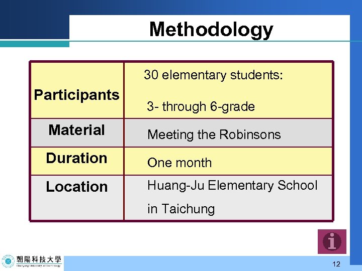 Methodology 30 elementary students: Participants 3 - through 6 -grade Material Meeting the Robinsons