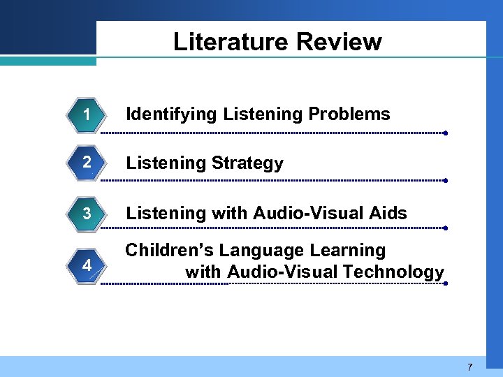 Literature Review 1 Identifying Listening Problems 2 Listening Strategy 3 Listening with Audio-Visual Aids