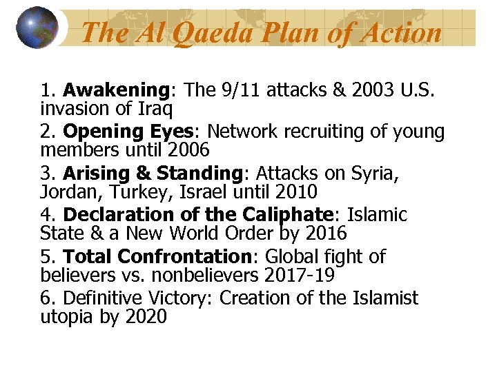 The Al Qaeda Plan of Action 1. Awakening: The 9/11 attacks & 2003 U.