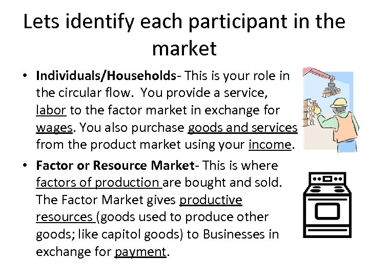 Lets identify each participant in the market • Individuals/Households- This is your role in