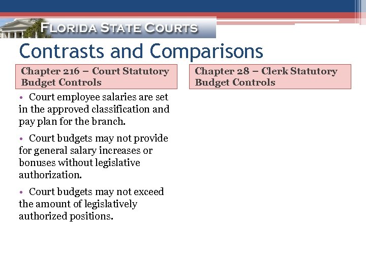 Contrasts and Comparisons Chapter 216 – Court Statutory Budget Controls • Court employee salaries