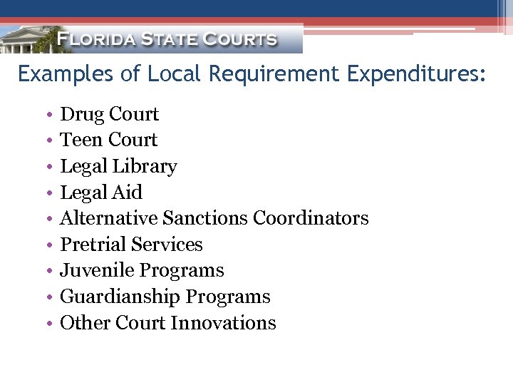 Examples of Local Requirement Expenditures: • • • Drug Court Teen Court Legal Library