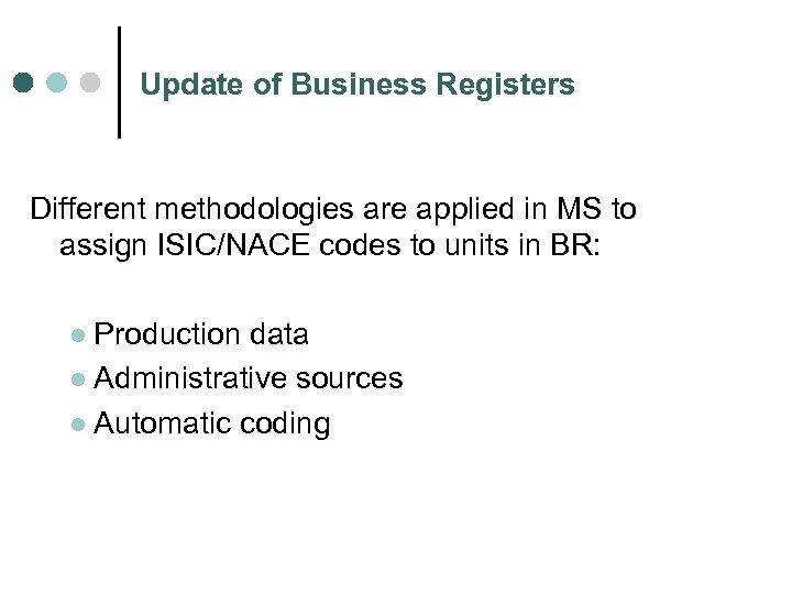Update of Business Registers Different methodologies are applied in MS to assign ISIC/NACE codes