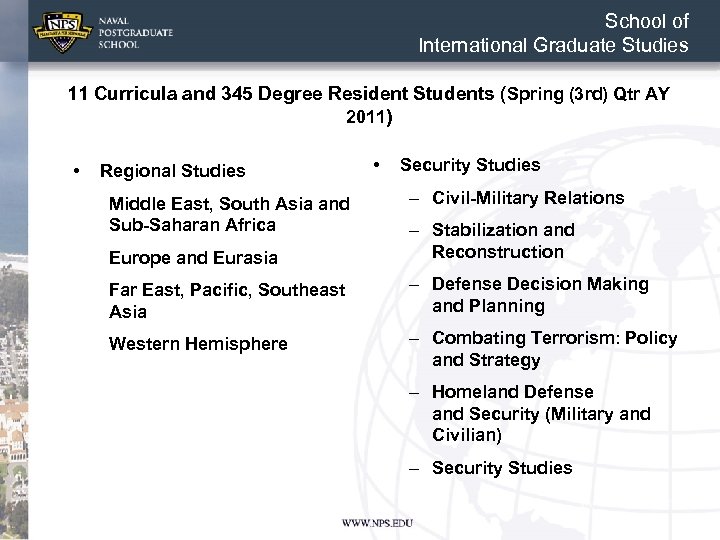 School of International Graduate Studies 11 Curricula and 345 Degree Resident Students (Spring (3