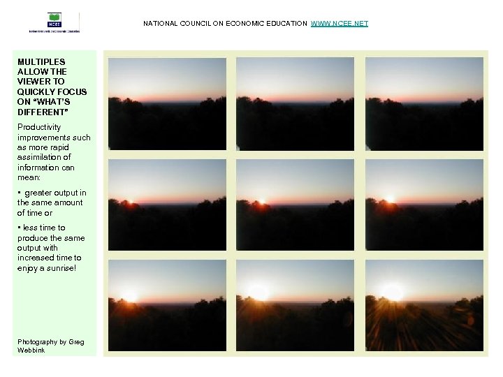 NATIONAL COUNCIL ON ECONOMIC EDUCATION WWW. NCEE. NET MULTIPLES ALLOW THE VIEWER TO QUICKLY