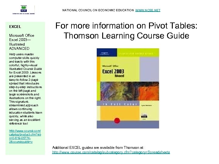 NATIONAL COUNCIL ON ECONOMIC EDUCATION WWW. NCEE. NET EXCEL Microsoft Office Excel 2003— Illustrated