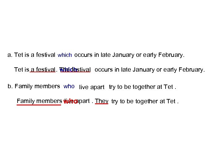 a. Tet is a festival which occurs in late January or early February. Tet