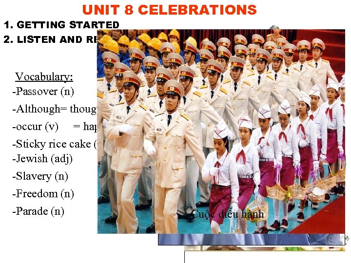 UNIT 8 CELEBRATIONS 1. GETTING STARTED 2. LISTEN AND READ Vocabulary: -Passover (n) -Although=even