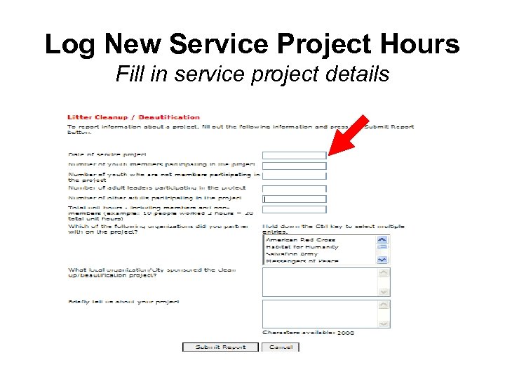Log New Service Project Hours Fill in service project details 