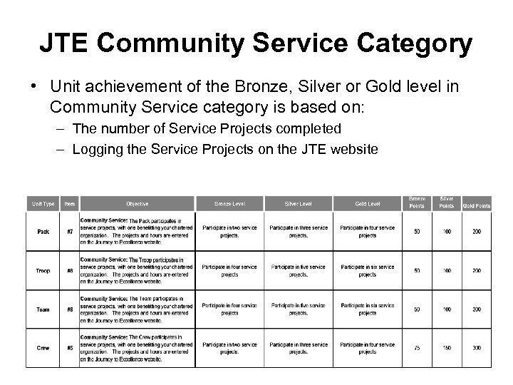 JTE Community Service Category • Unit achievement of the Bronze, Silver or Gold level