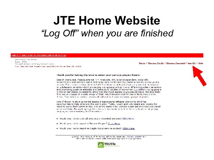 JTE Home Website “Log Off” when you are finished 