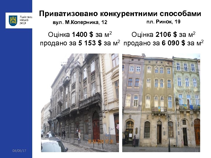 Приватизовано конкурентними способами вул. М. Коперника, 12 пл. Ринок, 19 Оцінка 1400 $ за