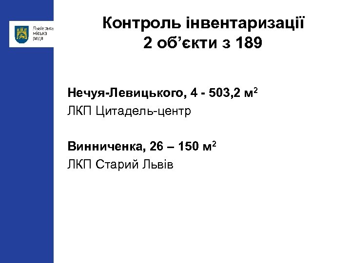 Контроль інвентаризації 2 об’єкти з 189 Нечуя-Левицького, 4 - 503, 2 м 2 ЛКП