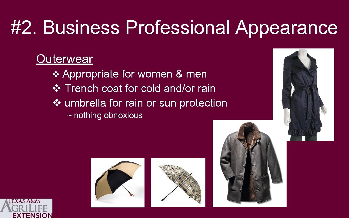 #2. Business Professional Appearance Outerwear v Appropriate for women & men v Trench coat