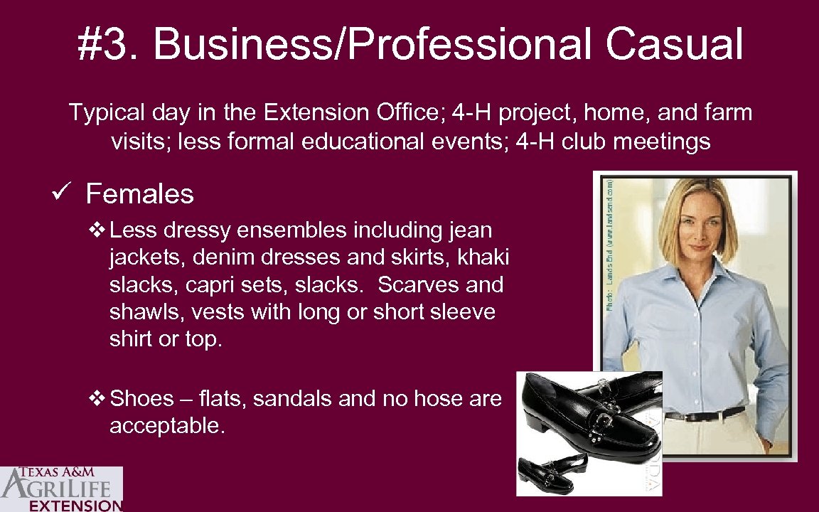 #3. Business/Professional Casual Typical day in the Extension Office; 4 -H project, home, and