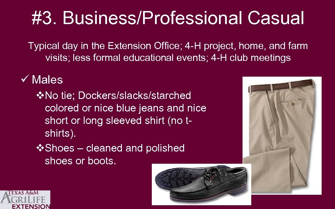 #3. Business/Professional Casual Typical day in the Extension Office; 4 -H project, home, and