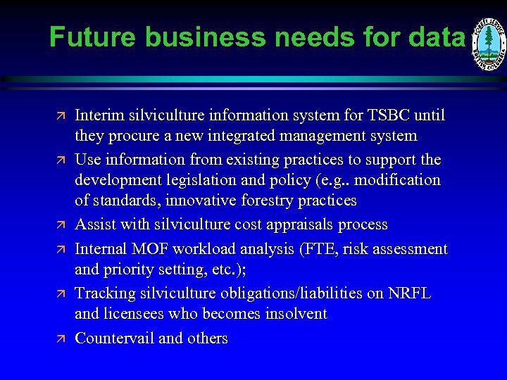 Future business needs for data ä ä ä Interim silviculture information system for TSBC