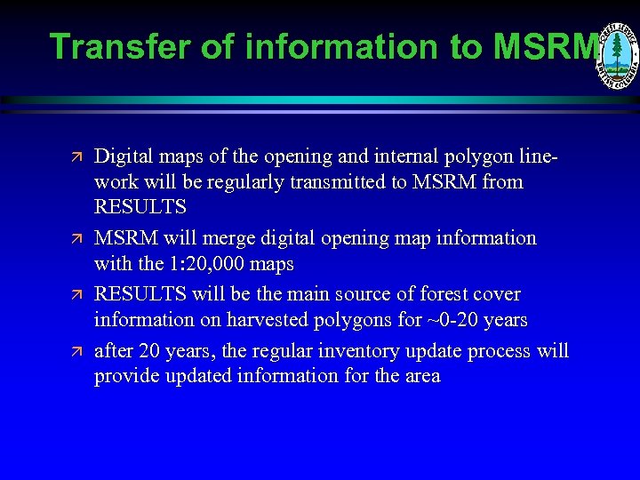 Transfer of information to MSRM ä ä Digital maps of the opening and internal