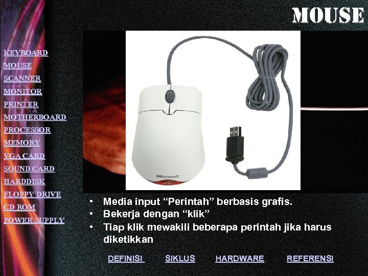 mouse KEYBOARD MOUSE SCANNER MONITOR PRINTER MOTHERBOARD PROCESSOR MEMORY VGA CARD SOUND CARD HARDDISK