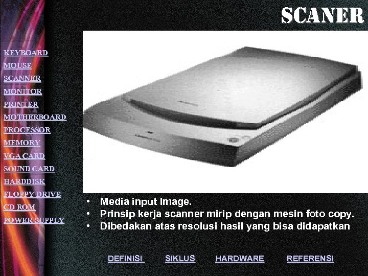 scaner KEYBOARD MOUSE SCANNER MONITOR PRINTER MOTHERBOARD PROCESSOR MEMORY VGA CARD SOUND CARD HARDDISK
