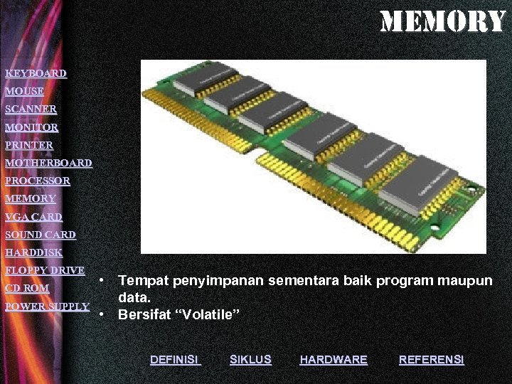 memory KEYBOARD MOUSE SCANNER MONITOR PRINTER MOTHERBOARD PROCESSOR MEMORY VGA CARD SOUND CARD HARDDISK