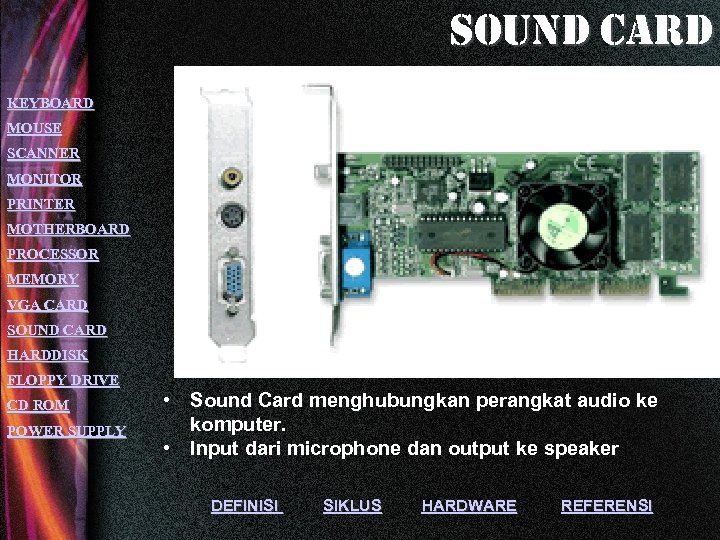 sound card KEYBOARD MOUSE SCANNER MONITOR PRINTER MOTHERBOARD PROCESSOR MEMORY VGA CARD SOUND CARD