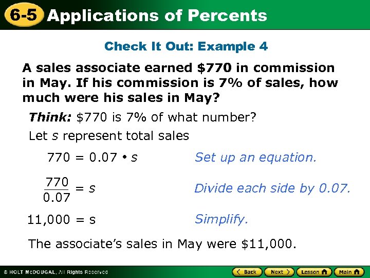 6 -5 Applications of Percents Check It Out: Example 4 A sales associate earned