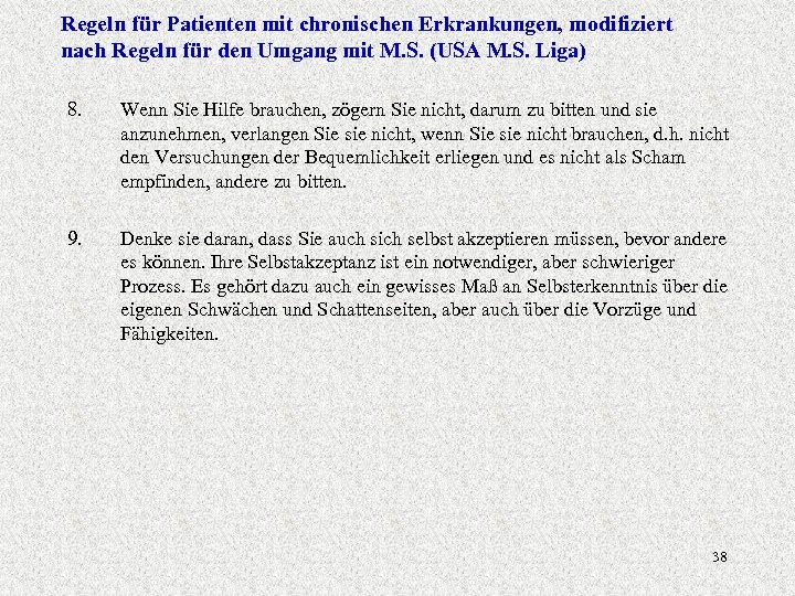Regeln für Patienten mit chronischen Erkrankungen, modifiziert nach Regeln für den Umgang mit M.