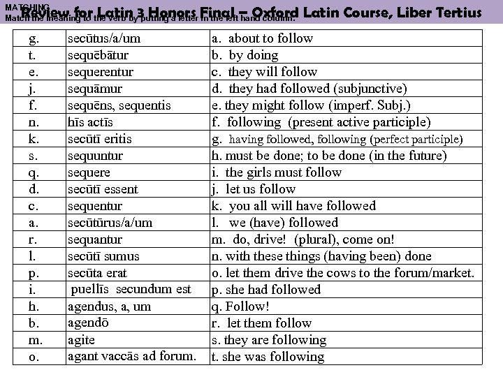 MATCHING Match the meaning to the verb by putting a letter in the left